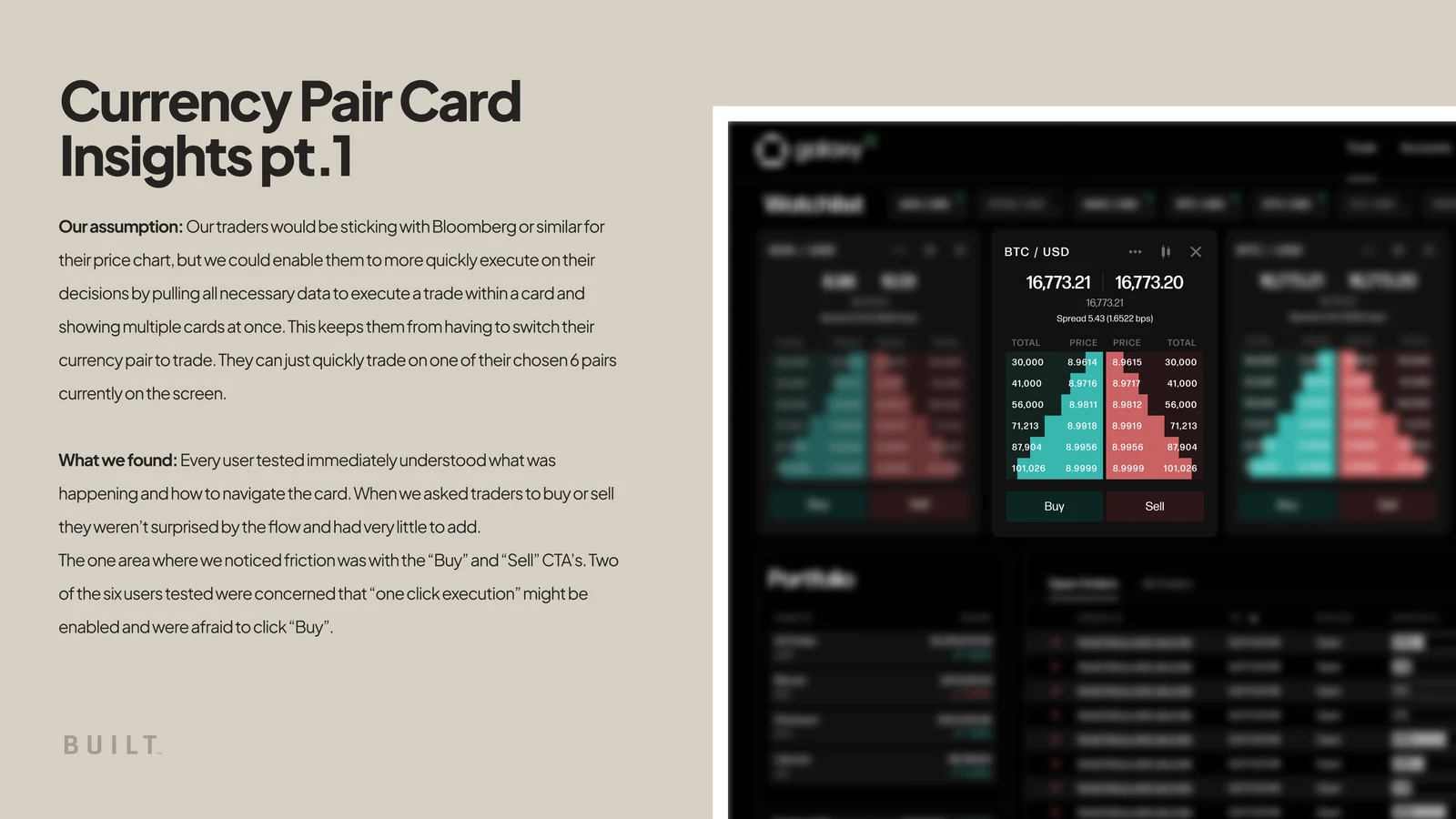A currency-pair card showing market depth and inline order book.