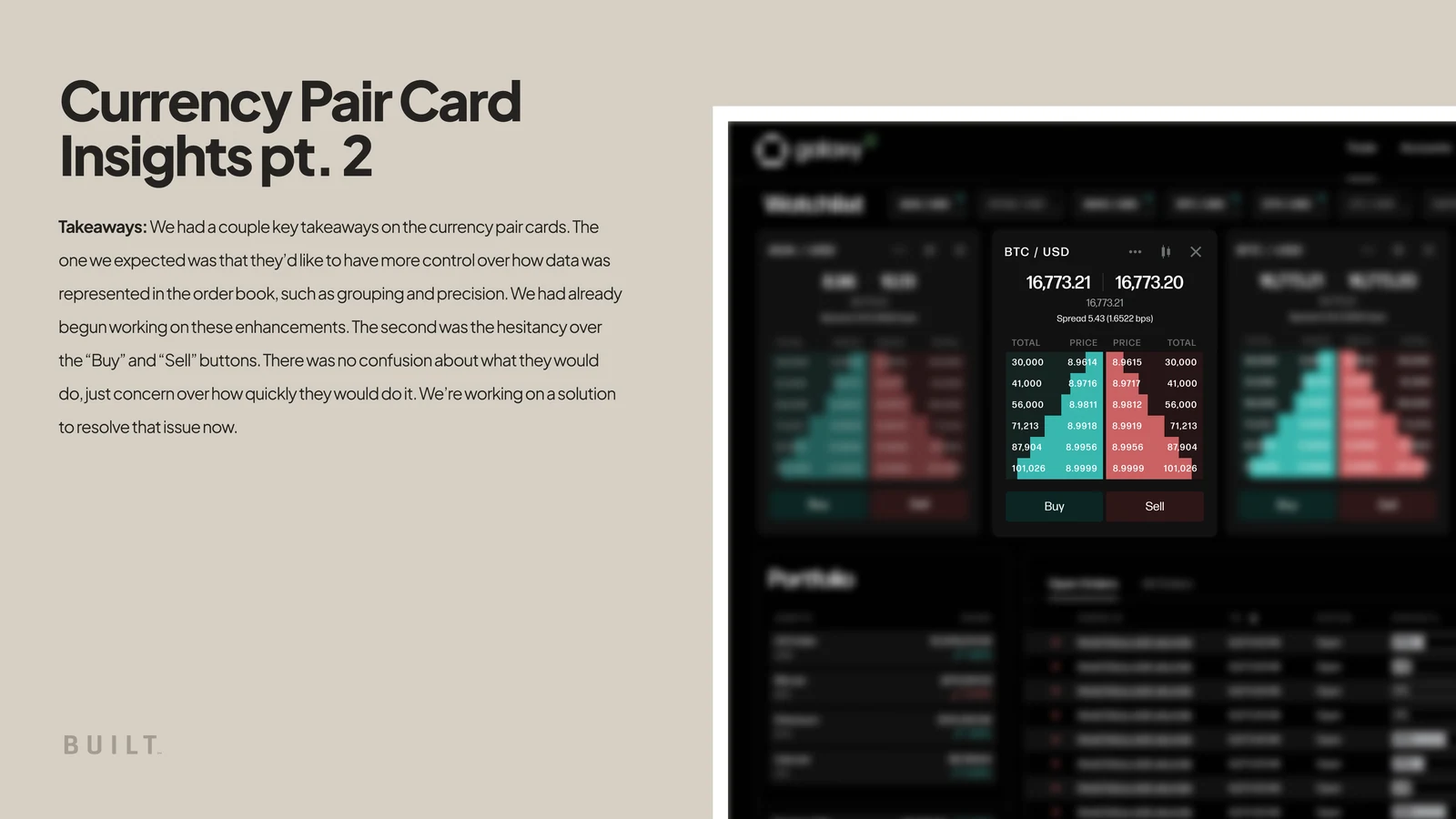 A pair card with the buy and sell actions in focus.