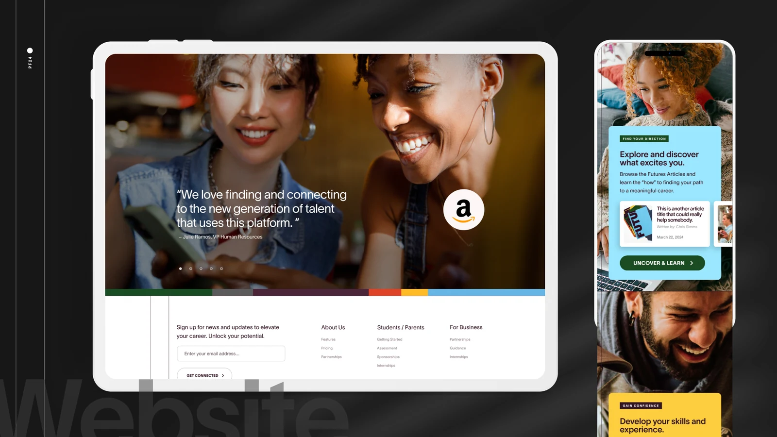Pearson Futures website and mobile concept showing a platform story and footer.