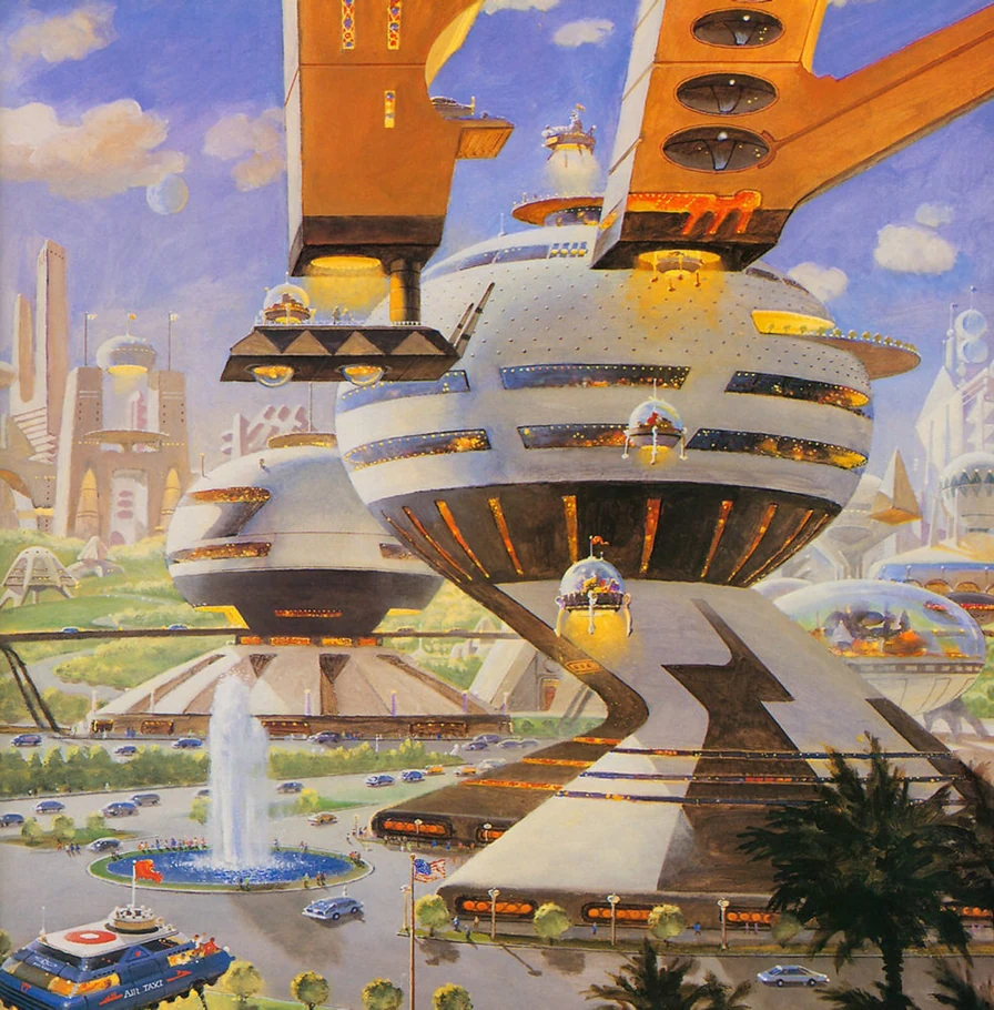 Retro-futurist illustration of a city of elevated saucer-shaped buildings with air taxis, busy roads, and a fountain plaza below.