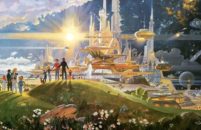 Retro-futurist painting of families on a flowered hillside looking toward a gleaming spired city under a sunburst sky.