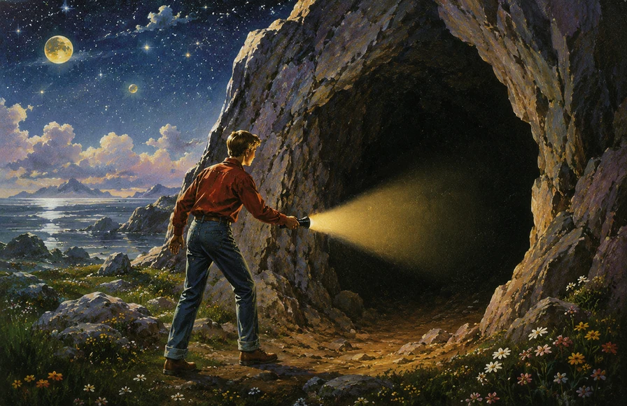 Painting of a man shining a flashlight into the mouth of a dark cave under a starry night sky.