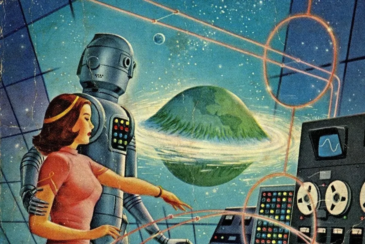 Retro-futurist illustration of a woman and a robot at a control console, looking out at a green terraformed world floating in space.