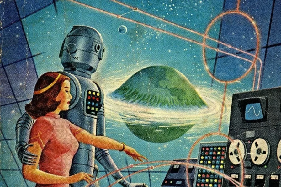 Retro-futurist illustration of a woman and a robot at a control console, looking out at a green terraformed world floating in space.